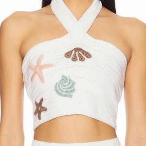 White Halter Crop Top with Sea Motif